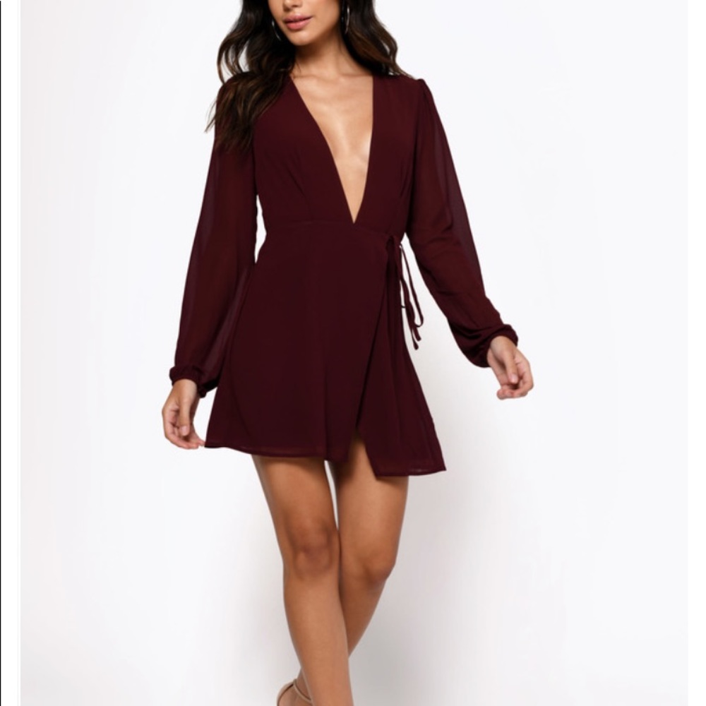 Long sleeve wrap wine dress